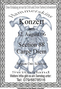 Flyer für das geplante Hammerskin-Konzert in der Teigwarenfabriik in Kradolf-Schönenberg im August 2006.