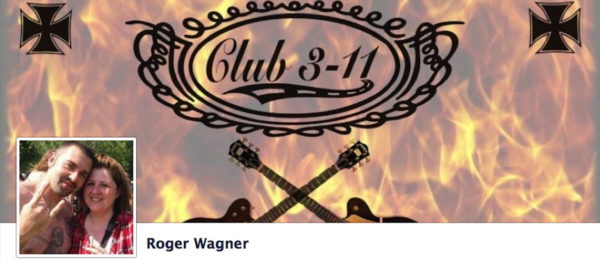 Roger Wagner mit Hintergrundbild des rechten Rock'n'Roll-Klans "Club 3-11". 3-11 steht für KKK (Ku Klux Klan)